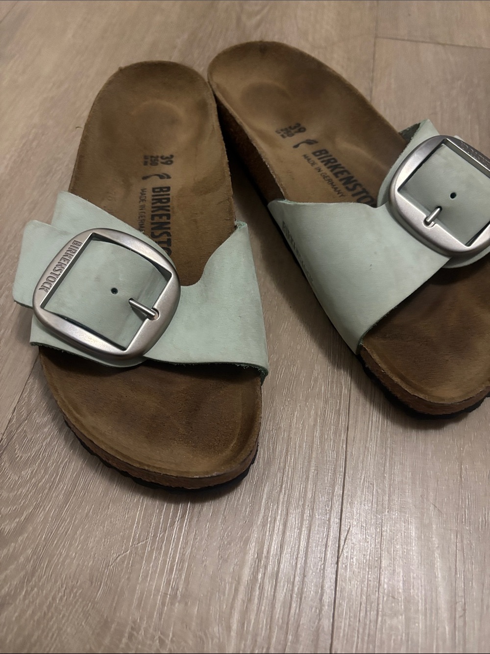 Birkenstock Arizona Slide Sandal in Mint Green with Silver Buckle
